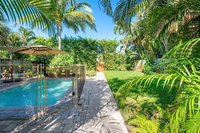 view of pool featuring a yard