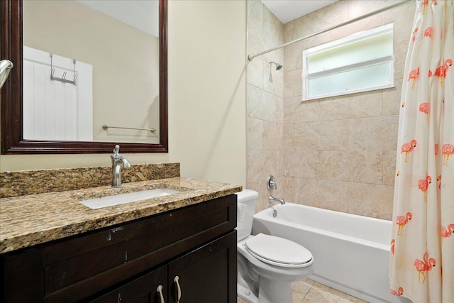 full bathroom featuring shower / bath combination with curtain, tile patterned flooring, vanity, and toilet