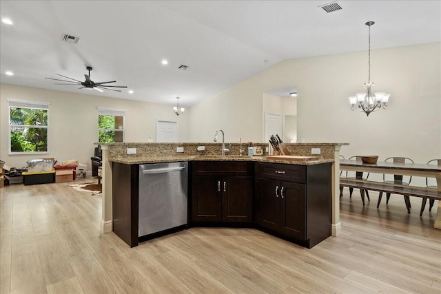 kitchen with pendant lighting, light wood-type flooring, sink, dishwasher, and ceiling fan with notable chandelier