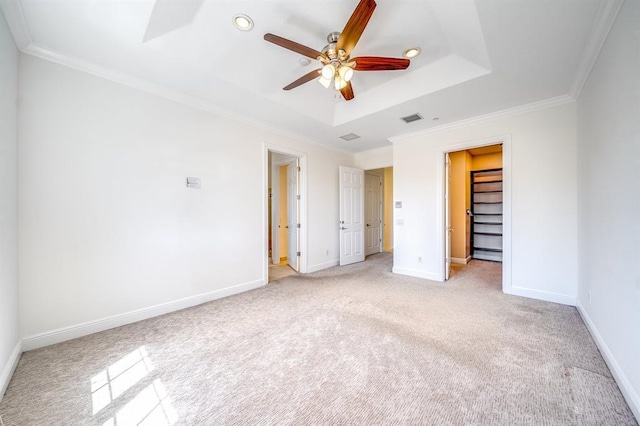 unfurnished bedroom featuring ornamental molding, a raised ceiling, light carpet, a spacious closet, and a closet