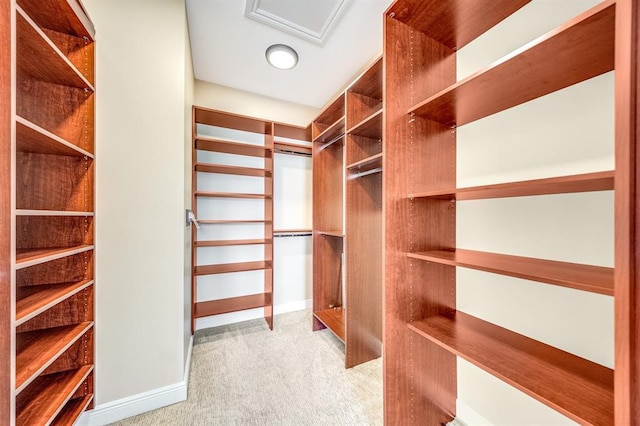 spacious closet featuring light colored carpet