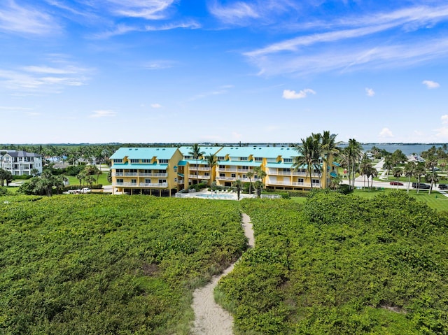 aerial view featuring a water view