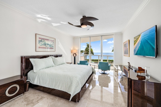 bedroom with access to exterior, floor to ceiling windows, a textured ceiling, ceiling fan, and crown molding