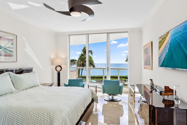 bedroom with a textured ceiling, expansive windows, ceiling fan, and ornamental molding