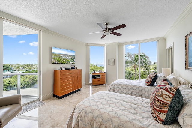 bedroom with ceiling fan, crown molding, and multiple windows