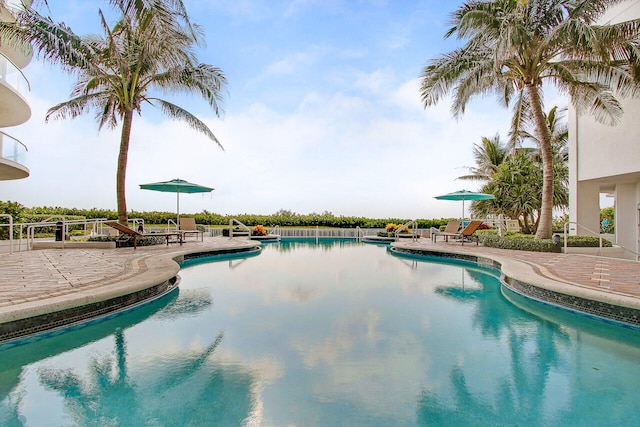 view of swimming pool featuring a patio