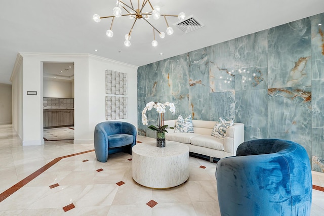 tiled living room with crown molding and an inviting chandelier