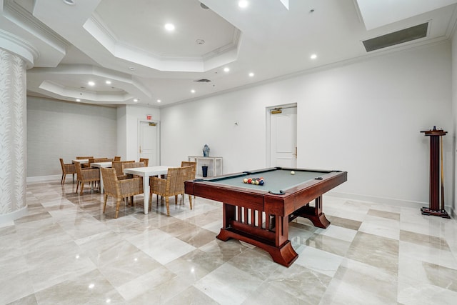 playroom with a raised ceiling, ornamental molding, and billiards