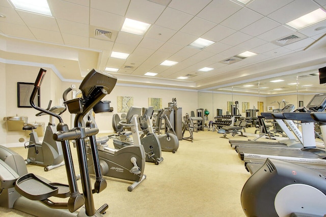 exercise room with a paneled ceiling, light colored carpet, and crown molding