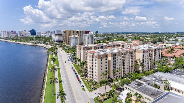 drone / aerial view featuring a water view