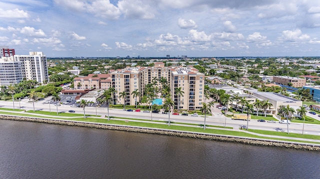 bird's eye view with a water view