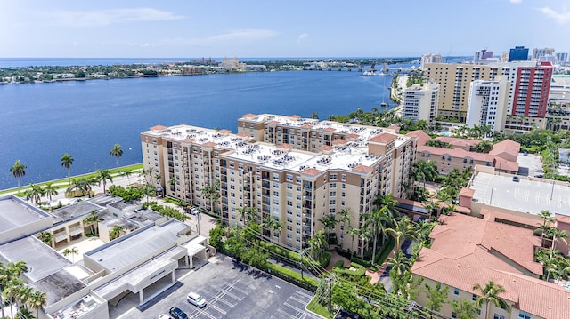 drone / aerial view with a water view