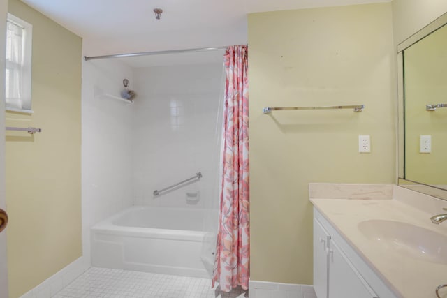 bathroom featuring shower / bath combination with curtain, tile patterned floors, and vanity