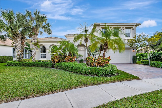 view of front facade with a front yard and a garage