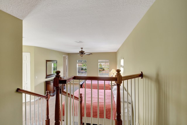 stairway featuring a textured ceiling and carpet flooring