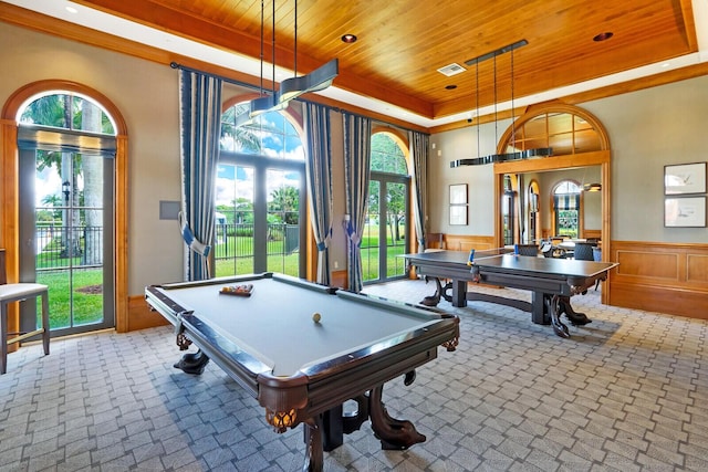 9772 Via Grandezza W, Wellington, FL 33411 - playroom featuring wooden ceiling, a tray ceiling, carpet floors, and pool table