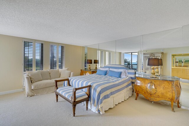 carpeted bedroom with access to outside, multiple windows, connected bathroom, and a textured ceiling