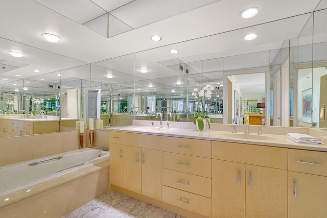 bathroom featuring vanity and plus walk in shower