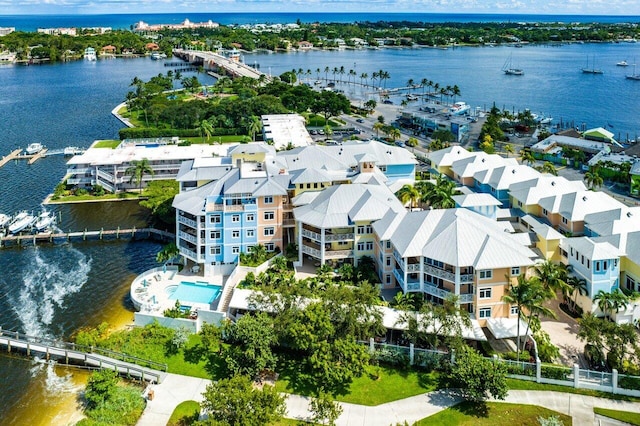 bird's eye view with a water view