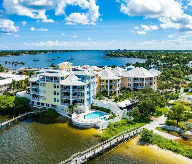 drone / aerial view featuring a water view