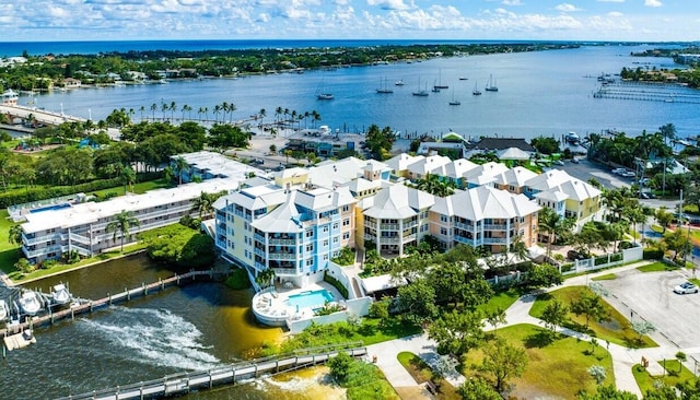 bird's eye view with a water view