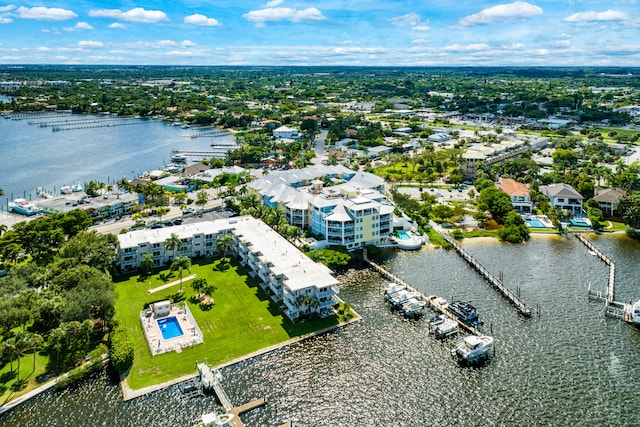 drone / aerial view featuring a water view