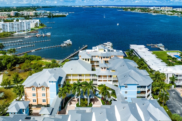 drone / aerial view featuring a water view