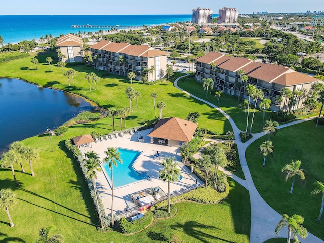 drone / aerial view with a water view