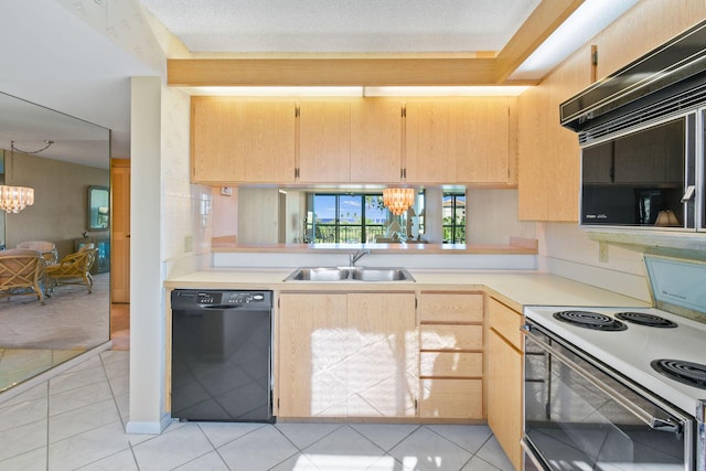 kitchen featuring a notable chandelier, sink, light brown cabinets, and black appliances