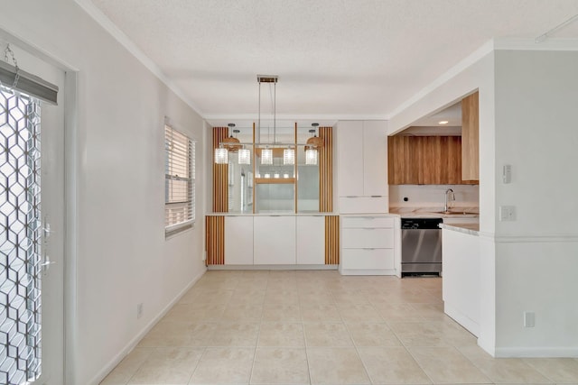 kitchen featuring white cabinets, stainless steel dishwasher, a textured ceiling, decorative light fixtures, and light tile patterned floors