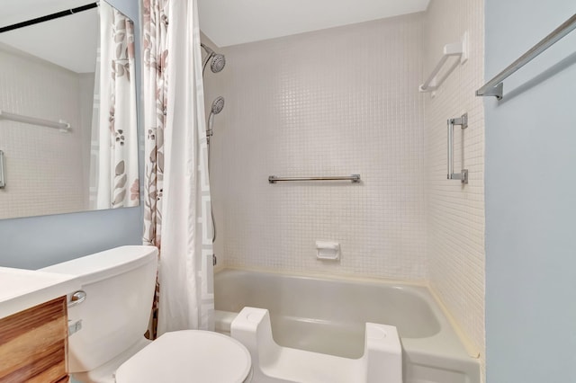 full bathroom with shower / bath combination with curtain, vanity, and toilet