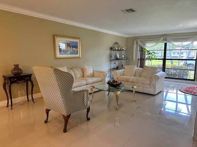 tiled living room featuring crown molding