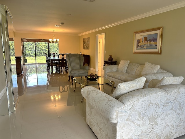 living room featuring light tile patterned flooring, crown molding, and a notable chandelier