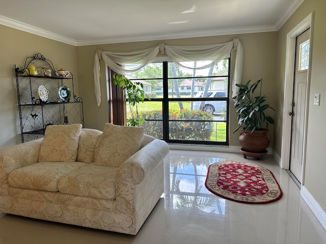 tiled living room with a healthy amount of sunlight and ornamental molding