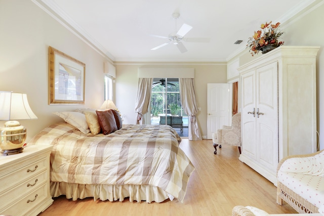 bedroom featuring light wood-type flooring, ceiling fan, access to exterior, and crown molding