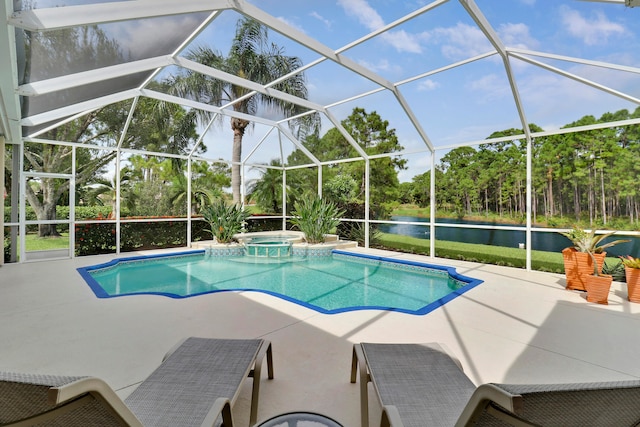 view of swimming pool featuring a lanai, a water view, and a patio area