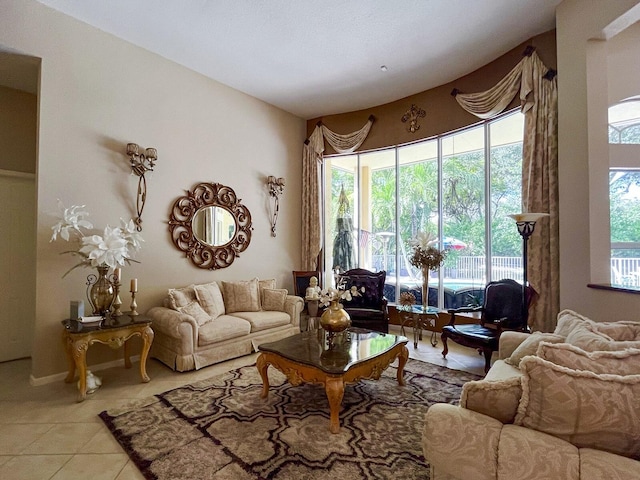 living room with light tile patterned flooring