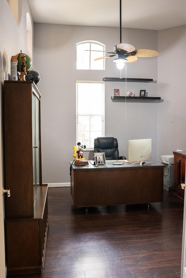 office area with ceiling fan and dark hardwood / wood-style floors