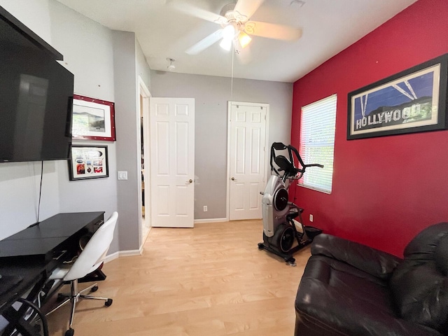 workout area with ceiling fan and light hardwood / wood-style floors