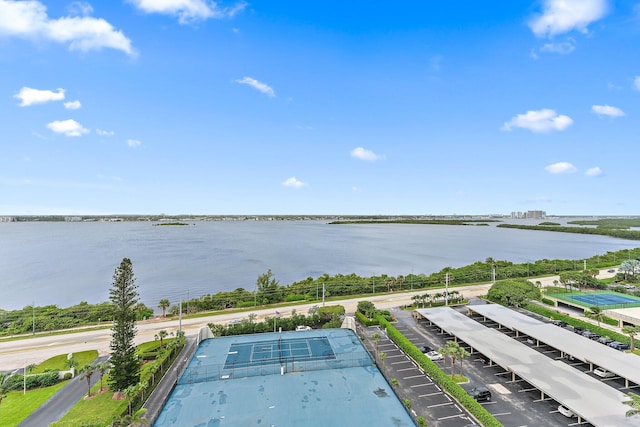 drone / aerial view featuring a water view