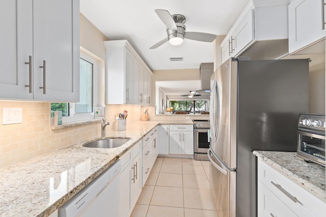 kitchen with white cabinetry, ceiling fan, appliances with stainless steel finishes, and sink