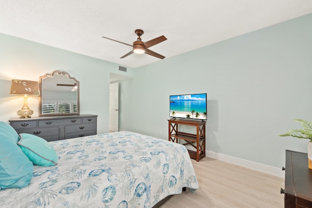 bedroom featuring ceiling fan and light hardwood / wood-style flooring