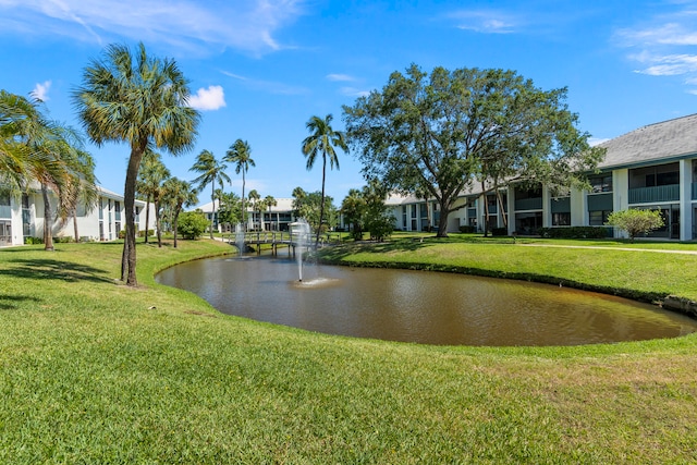 view of community with a water view and a yard