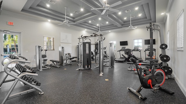 workout area with ornamental molding, ceiling fan, and coffered ceiling