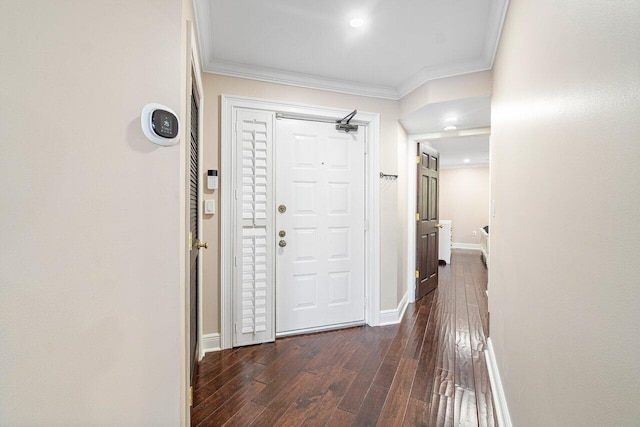 corridor featuring crown molding and dark hardwood / wood-style flooring