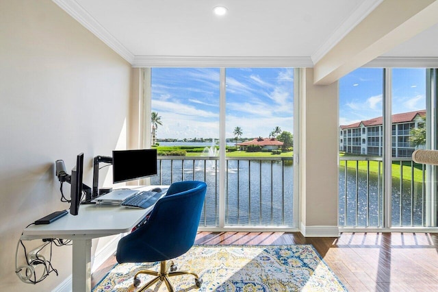 office space with a wall of windows, crown molding, and hardwood / wood-style flooring