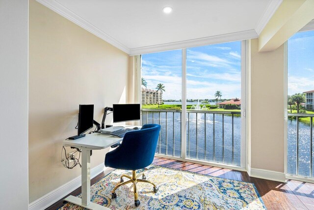 home office featuring ornamental molding, a wall of windows, and dark wood-type flooring