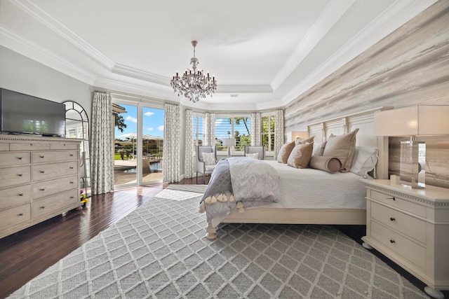 bedroom featuring access to outside, crown molding, a chandelier, and hardwood / wood-style flooring