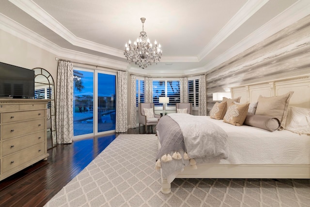 bedroom with ornamental molding, a chandelier, access to exterior, and dark hardwood / wood-style flooring