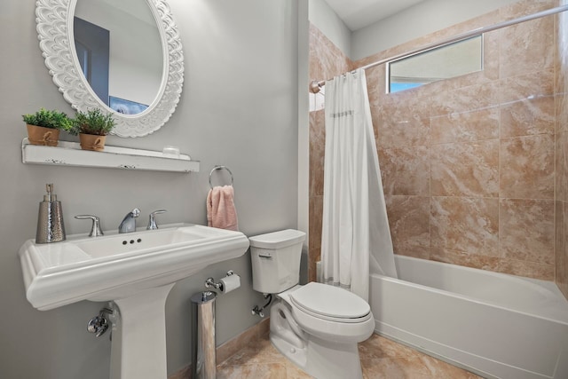 bathroom with shower / bathtub combination with curtain and toilet